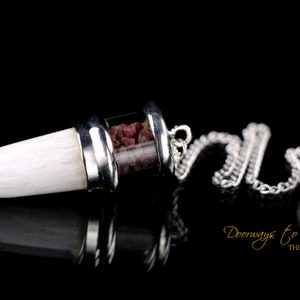 May include: A pendulum necklace with a white, bullet-shaped end and a clear glass cylinder filled with red stones. The pendulum is attached to a silver chain with a clear crystal ball at the end. The background is black.