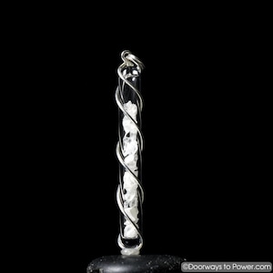 May include: A silver wire wrapped glass vial pendant filled with white crystal chips.