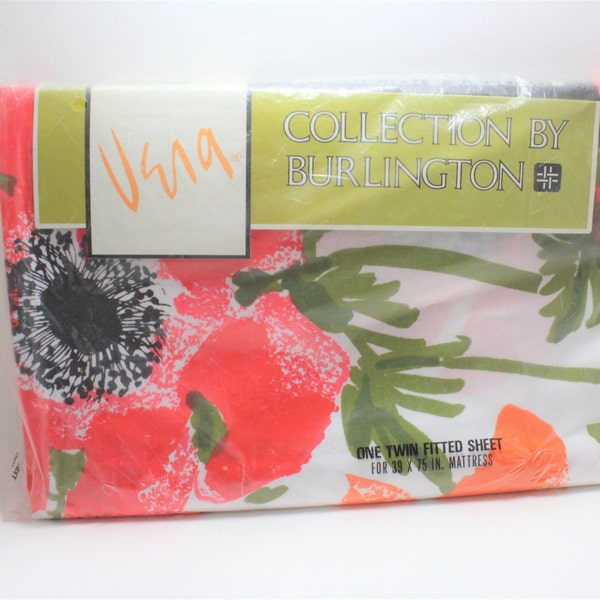 Vintage 1970s VERA Neumann Poppies Floral Pattern Fitted Sheet Twin Size Burlington Collection Percale New Old Stock