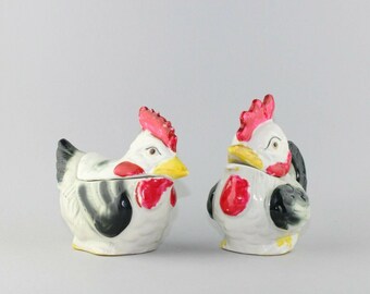 Vintage Rooster And Hen Salt And Pepper Cream And Sugar Combo