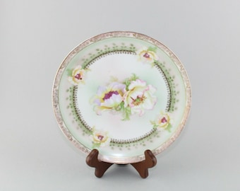 Antigüedad C S Prusia Pintado a mano porcelana 8" placa oro borde floral peonía 1882-1918