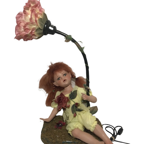 Duck House Heirloom Porcelain Fairy Doll Hugging Flower Lamp Red Hair