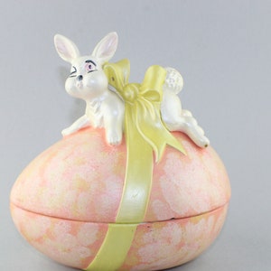 Vintage Atlantic Mold Ceramic Easter Egg Covered Candy Dish Bunny Rabbit & Bow