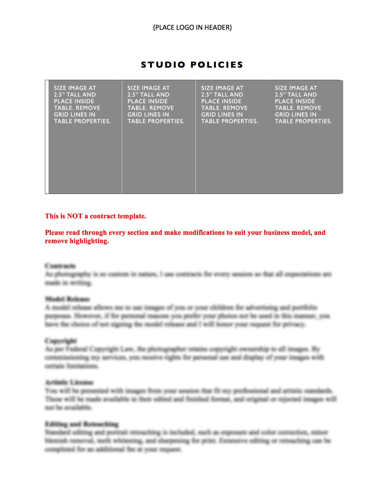 Photographer Studio Policies Written Copy Template site Etsy