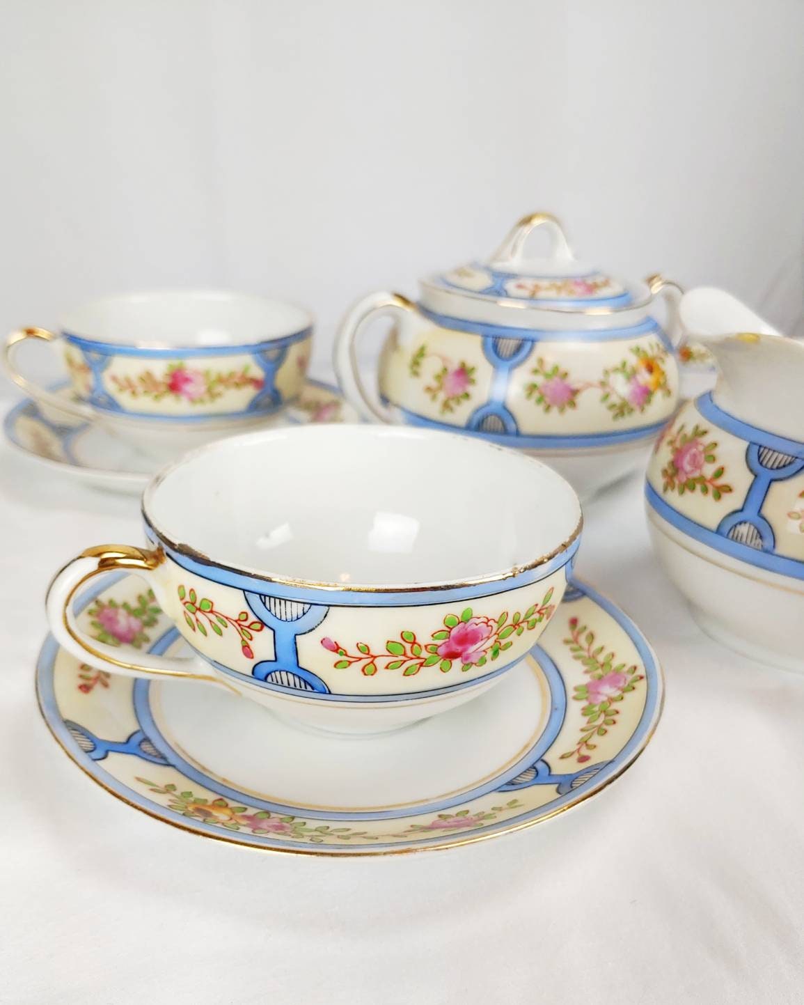 Vintage Tea Set Nippon Floral Porcelain China Flowers Pink Blue Orange