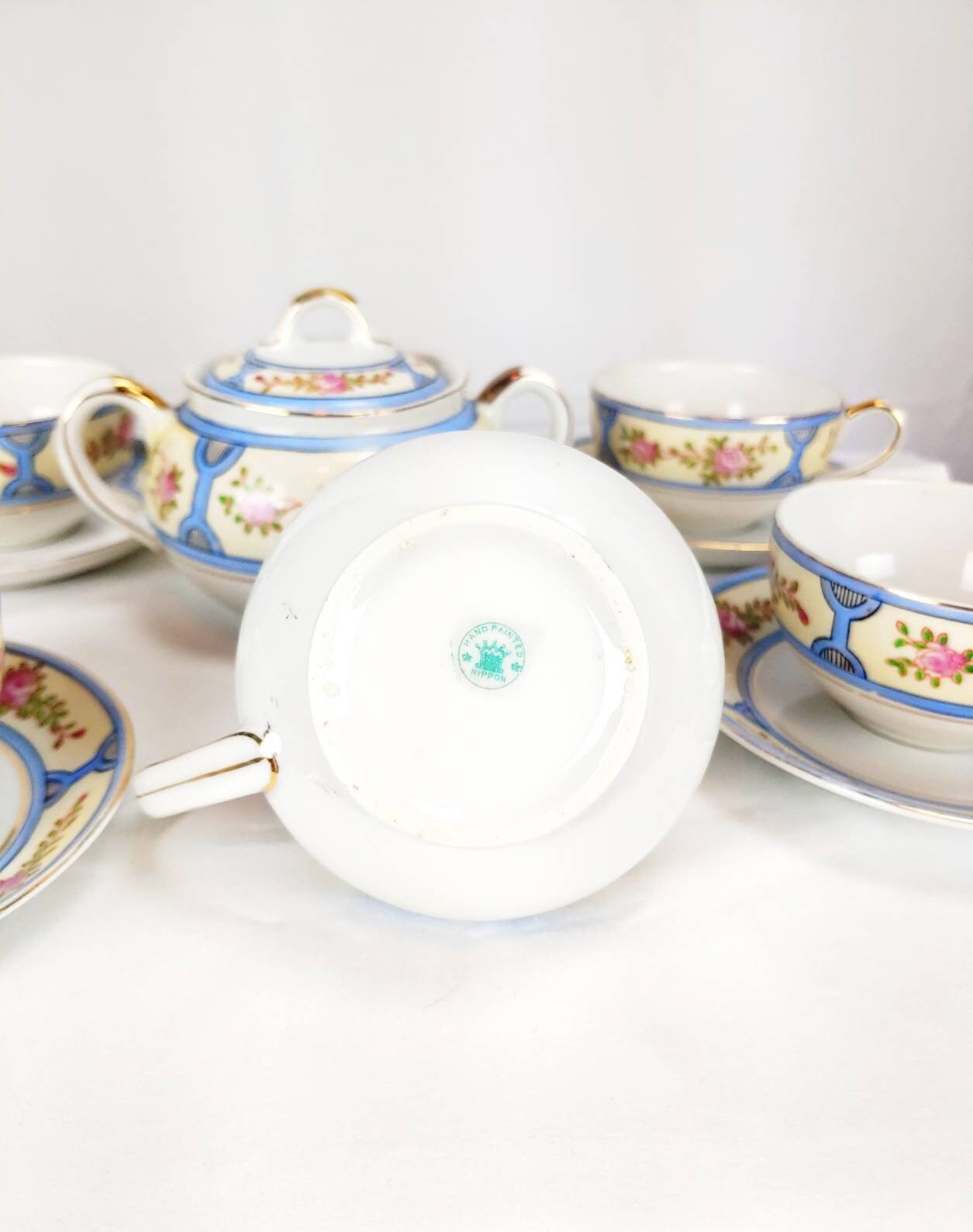 Vintage Tea Set Nippon Floral Porcelain China Flowers Pink Blue Orange