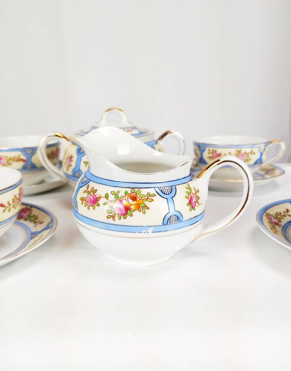 Vintage Tea Set Nippon Floral Porcelain China Flowers Pink Blue Orange