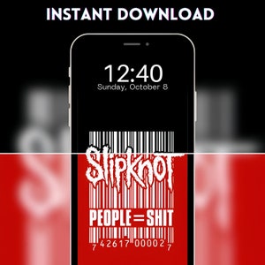 Könnte beinhalten: Ein schwarz-weißes Telefon-Display mit einem Barcode und dem Text "Slipknot" und "PEOPLE=SHIT" mit der Barcode-Nummer "742617 000027". Das Telefon-Display zeigt auch die Zeit "12:40" und das Datum "Sonntag, 8. Oktober".