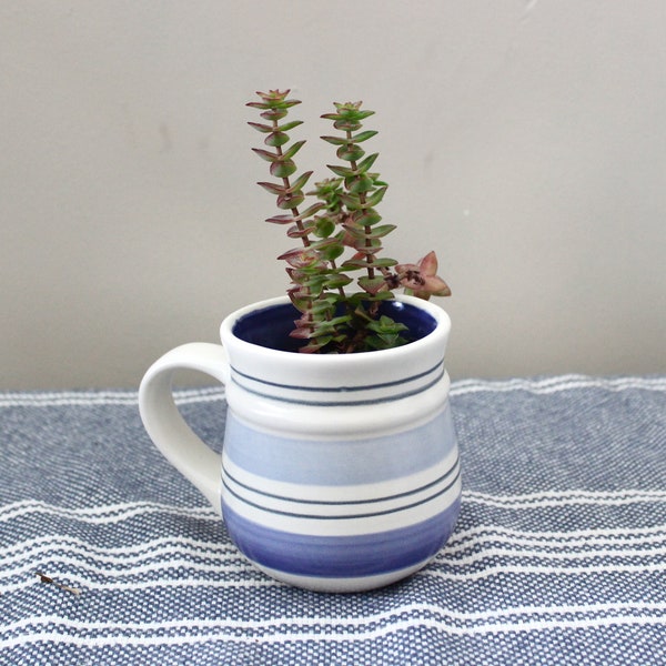 Blue striped plant pot w/ drainage - thrifted and upcycled mugs