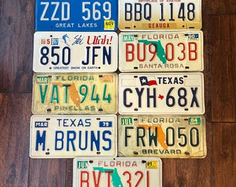 License plate choice rusty worn out, all authentic license plates Florida Michigan Ohio Utah Texas, crafting license plates, old Florida