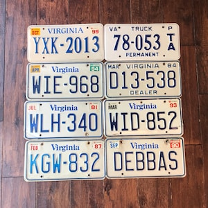 Virginia choice of  license plate, pick your plate,  license plates Virginia 1981 1984 1987 1990 1994 1999, vintage license plates Virginia.