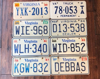Virginia choice of  license plate, pick your plate,  license plates Virginia 1981 1984 1987 1990 1994 1999, vintage license plates Virginia.