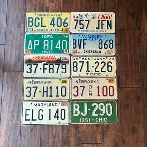 License plate choice rusty worn out, all authentic license plates Utah Mississippi Kentucky Ohio Maryland Iowa, crafting license plates.