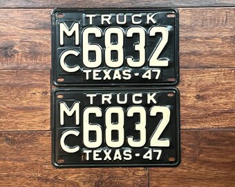 Placas de matrícula de Texas, placas de matrícula de Texas, placas antiguas de camiones de Texas de 1947, par de placas de camión antiguas de Texas de 1947, año de registro del DMV de Texas de 1947