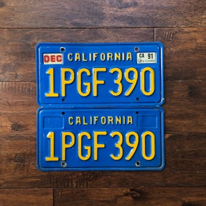 License Plate California vintage 1991 pair blue, vintage California license pair, California license plate pair, California dmv clear yom.