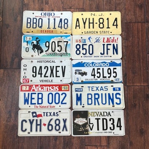 License plate choice rusty worn out, all authentic license plates New Jersey Wyoming Ohio Nevada Texas  Colorado, crafting license plates.