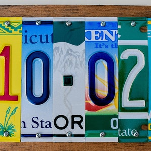Puede incluir: Una pieza de arte de pared hecha con placas de matr&iacute;cula reutilizadas, que presenta los n&uacute;meros 10-02-1, con un esquema de color amarillo, rojo, azul, verde y turquesa.