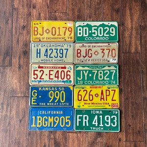 License plate choice, all authentic license plates New Mexico, California, Colorado, Oklahoma, vintage license plates, old license plates.