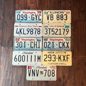 License plate choice vintage worn out,all authentic license plates, Maryland New Jersey Washington California ,crafting license plates.