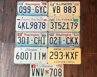 License plate choice vintage worn out,all authentic license plates, Maryland New Jersey Washington California ,crafting license plates.