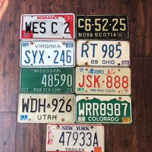 License plate choice rusty worn out, all authentic license plates, New York New Alberta Nova Scotia Ohio Colorado Mississippi Utah Virginia.