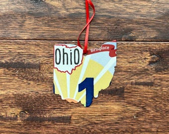 Ohio license plate ornament, Christmas ornament, Ohio shape license plate ornament, license plate ornament, Ohio license plate ornament.