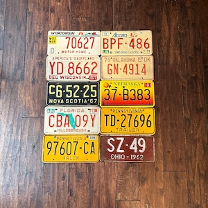 License plate choice vintage worn out,all authentic license plates, Florida Ohio Wisconsin Pennsylvania Alberta,crafting license plates.
