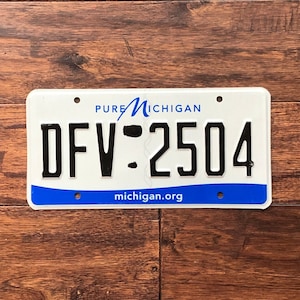 May include: White Michigan license plate with blue trim and the text "PURE MICHIGAN" and "michigan.org". The license plate number is "DFV-2504".