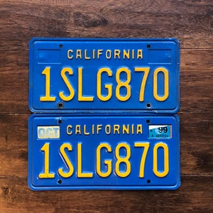 License Plate California vintage 1999 pair blue, vintage California license plate pair, California license plate 1980s pair dmv clear yom.