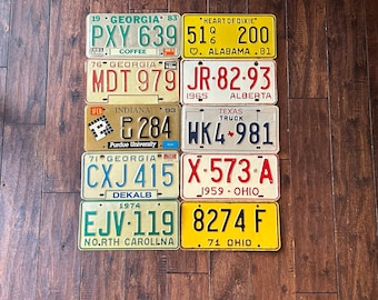 License plate choice vintage worn out,all authentic license plates, Texas Ohio Alabama  Georgia Alberta,crafting license plates.