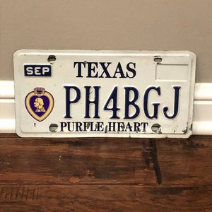 Vintage Texas License Plate Purple Heart, Texas purple heart license plate, purple heart license plate texas, old texas license plate.