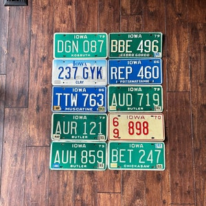 Choice of vintage license plate Iowa, Iowa pick your plate, vintage license plates Iowa 1970 1979 1983 1985 1986, used Iowa license plates.