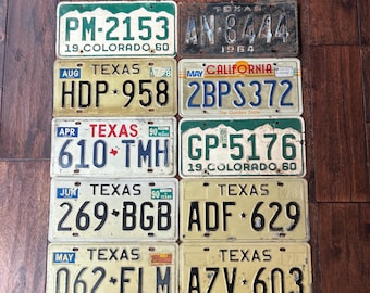 License plate choice vintage worn out,all authentic license plates, Texas California Colorado, crafting license plates, old license plates