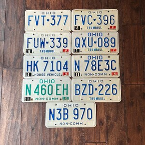 May include: A collection of ten vintage Ohio license plates with blue and white lettering. The plates feature various license plate numbers, including FVT-377, FVC-396, FUW-339, QXU-089, HK 7104, N 78E3C, N 460 EH, BZD-226, and N3B 970.