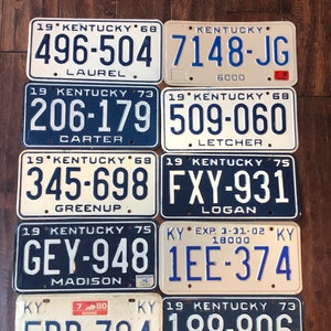 Kentucky choice of license plate, pick your plate,  license plates Kentucky 1968 1973 1975 1980, used license plates Kentucky 1960s 1970s.