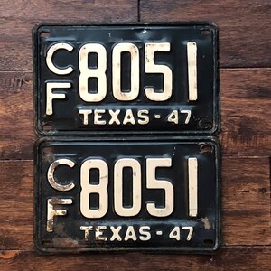 License Plates Texas 1947 Pair, Dmv Clear Texas 1947 Pair, Texas