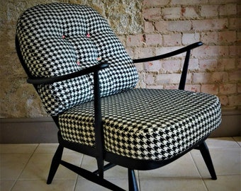 Bespoke Geometric Dogs Hounds Tooth Monochrome Ercol Chair with floral buttons