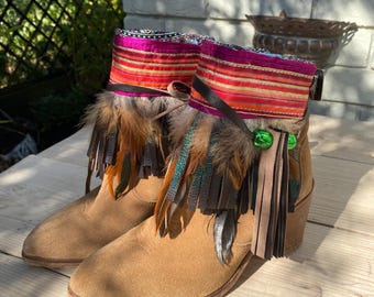 Boho Boot Covers with Feathers & Fringe Striped Aztec Ethnic | Western Festival Boot Cuffs Handmade