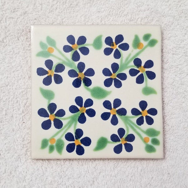 Glossy "Blue Green Daisy" Mexican Talavera Ceramic Tiles 4x4