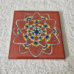Glossy &quot;Terracotta Peacock Flower&quot; Mexican Talavera Ceramic Tiles 4.25X4.25