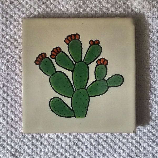 Glossy "Prickly Pear Cactus #2" Mexican Talavera Ceramic Tiles 4.25X4.25