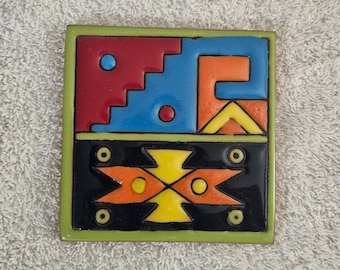Glossy Raised Texture "Southwestern GEO Yellow Arrow" Mexican Talavera Ceramic Tile 4.25x4.25
