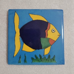 Glossy Blue Angel Fish Mexican Talavera Ceramic Tile 4.25x4.25