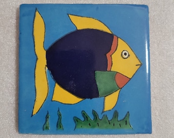 Glossy "Blue Angel Fish" Mexican Talavera Ceramic Tile 4x4