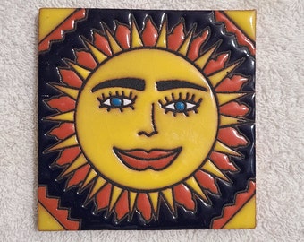 Glossy Raised Texture "Yellow Orange Sun" Mexican Talavera Ceramic Tiles 4x4