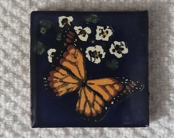 Glossy Navy Butterfly Forever Mexican Talavera Ceramic Tiles 2x2