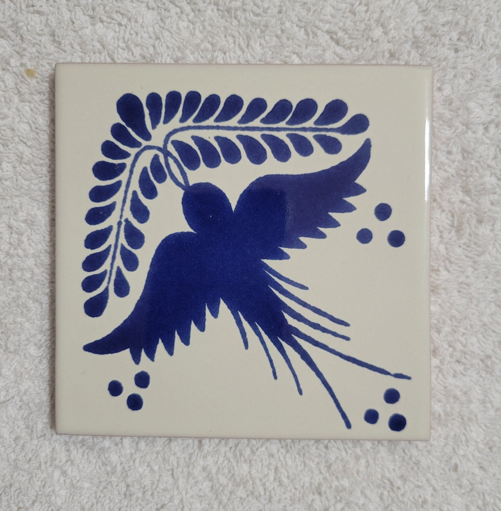 Glossy "Fancy Blue Bird" Mexican Talavera Ceramic Tiles 4.25x4.25