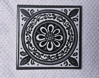 Glossy Black n White Wheel Mexican Talavera Ceramic Tiles 4.25x4.25
