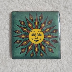 Glossy "Green Aztec Sun 2" Mexican Talavera Ceramic Tiles 2x2