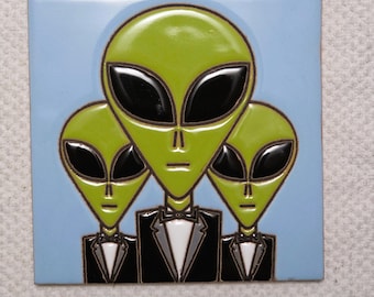Glossy Green Men in Black Mexican Talavera Ceramic Tiles 6x6